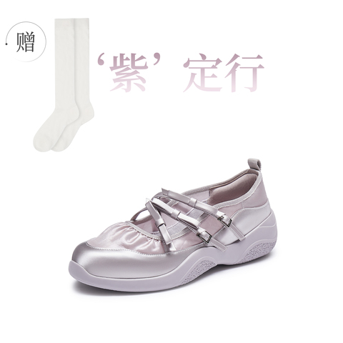 真美诗2025年秋季新款牛皮厚底蝴蝶结时尚芭蕾女鞋22329CQ5