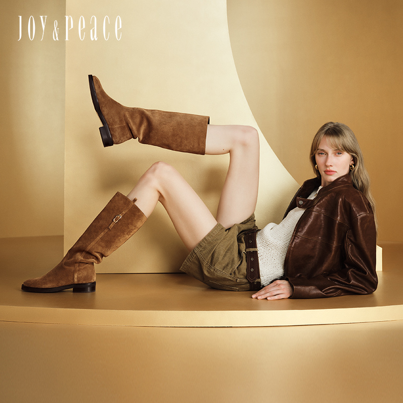 真美诗2025冬季新款柔软牛皮斜切舒适粗跟西部靴女56922DC5