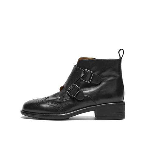 真美诗2025年冬季新款软糯舒适牛皮革布洛克时装靴97101DD5