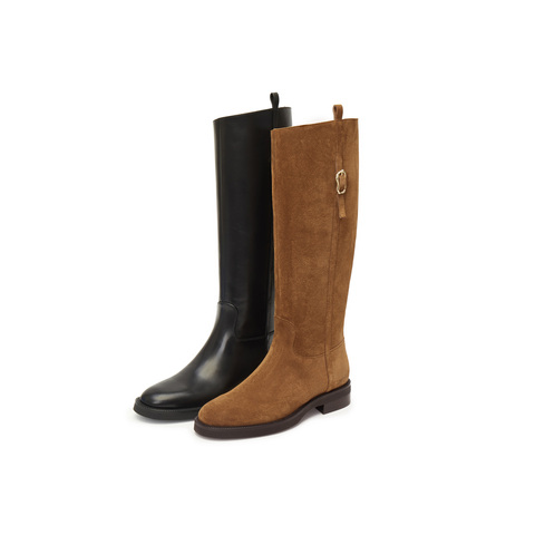 真美诗2025冬季新款柔软牛皮斜切舒适粗跟西部靴女56922DC5