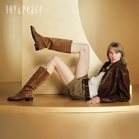 真美诗2025冬季新款柔软牛皮斜切舒适粗跟西部靴女56922DC5