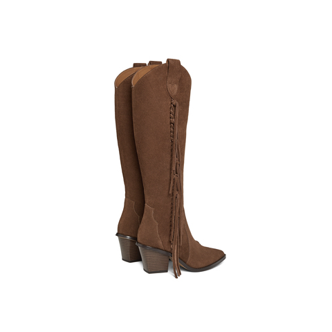 真美诗2025冬季新款牛绒皮面流苏饰扣V口粗跟西部靴女YZG08DG5