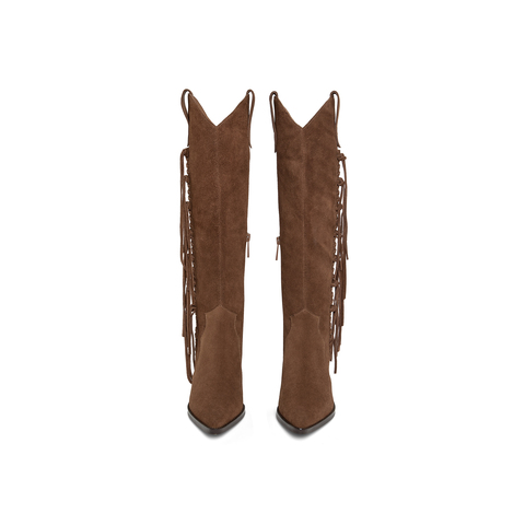 真美诗2025冬季新款牛绒皮面流苏饰扣V口粗跟西部靴女YZG08DG5