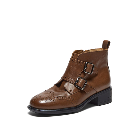 真美诗2025年冬季新款软糯舒适牛皮革布洛克时装靴97101DD5