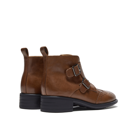 真美诗2025年冬季新款软糯舒适牛皮革布洛克时装靴97101DD5