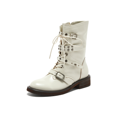 真美诗2025年冬季新款摇滚朋克风荔枝纹理羊皮革马丁靴Z238PDZ5