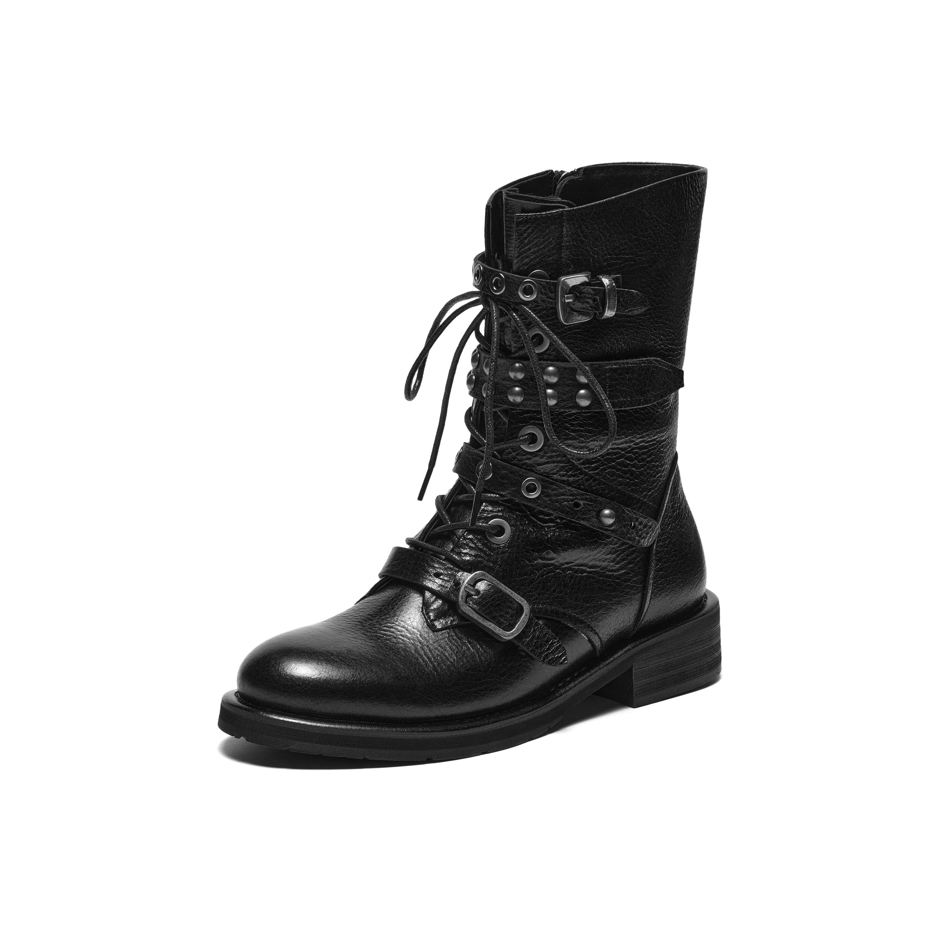 真美诗2025年冬季新款摇滚朋克风荔枝纹理羊皮革马丁靴Z238PDZ5