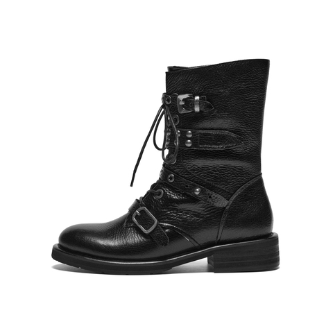 真美诗2025年冬季新款摇滚朋克风荔枝纹理羊皮革马丁靴Z238PDZ5