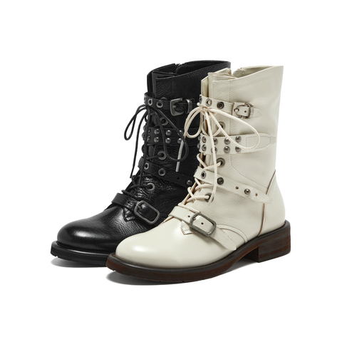 真美诗2025年冬季新款摇滚朋克风荔枝纹理羊皮革马丁靴Z238PDZ5