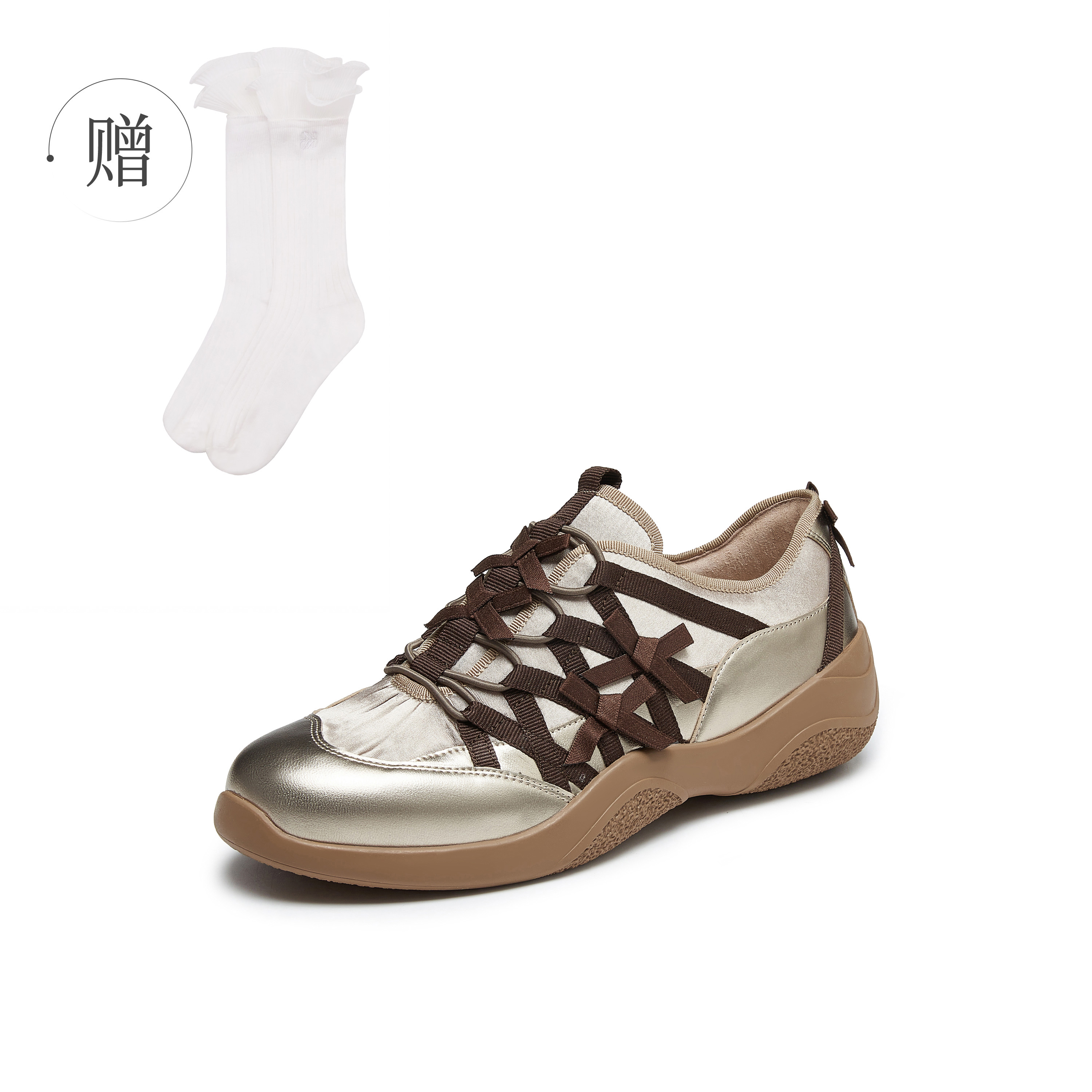 真美诗2025秋季新款羊皮革布面舒适芭蕾风运动鞋女YZM08CM5