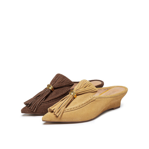 真美诗2025年秋季新款优雅慵懒舒适坡跟牛皮包头拖Y1L01CH5