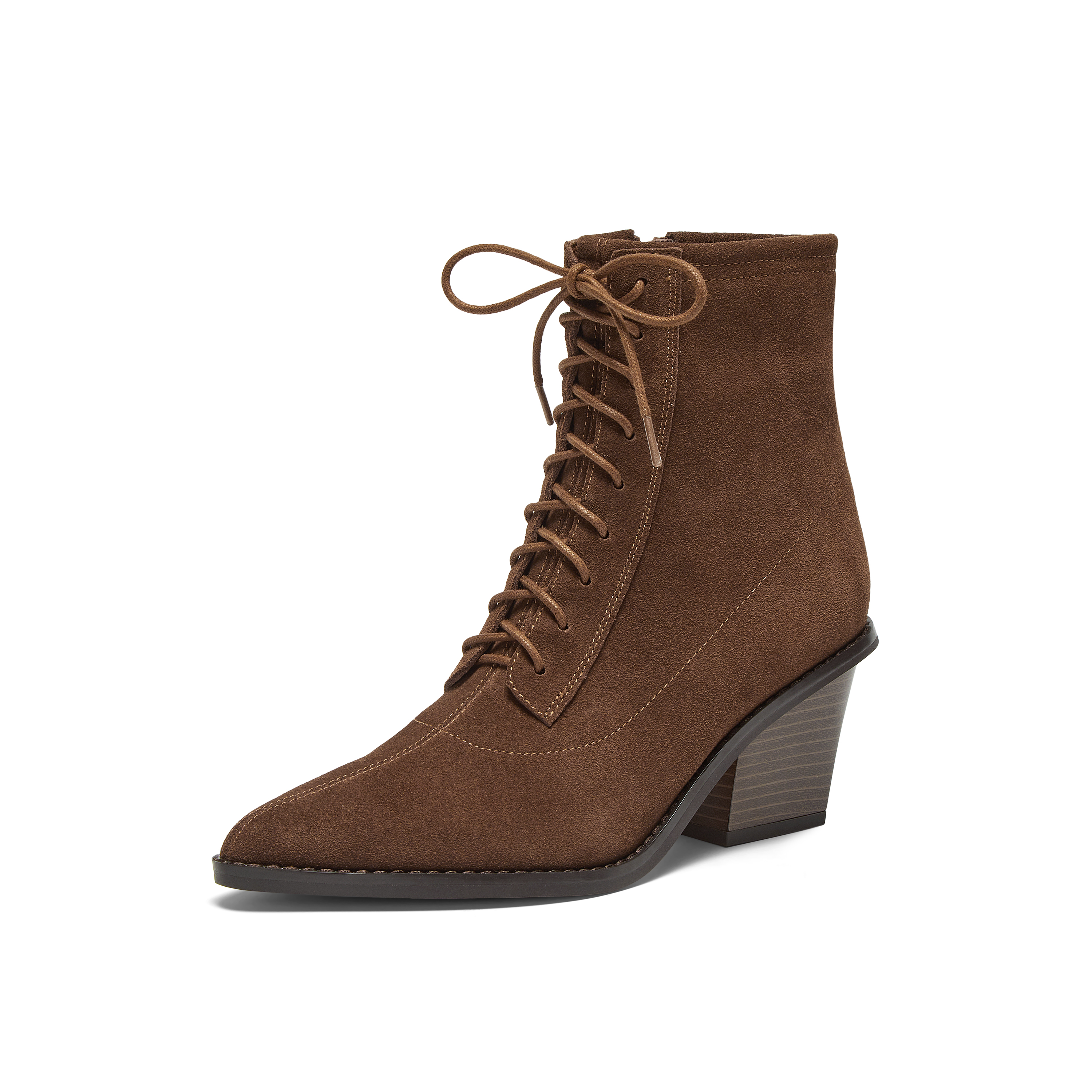 真美诗2025冬季新款牛绒皮面优雅绑带尖头粗跟西部靴女YZG11DD5