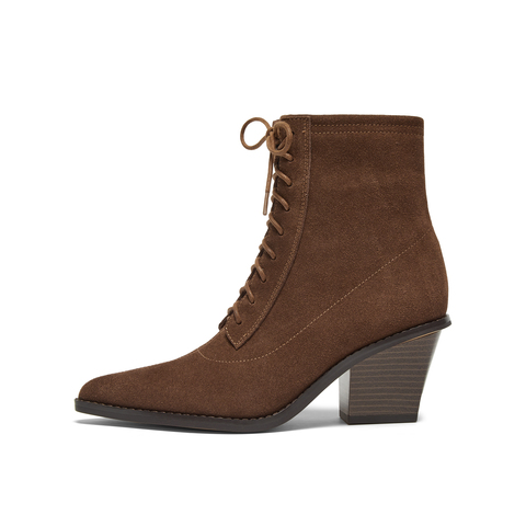 真美诗2025冬季新款牛绒皮面优雅绑带尖头粗跟西部靴女YZG11DD5