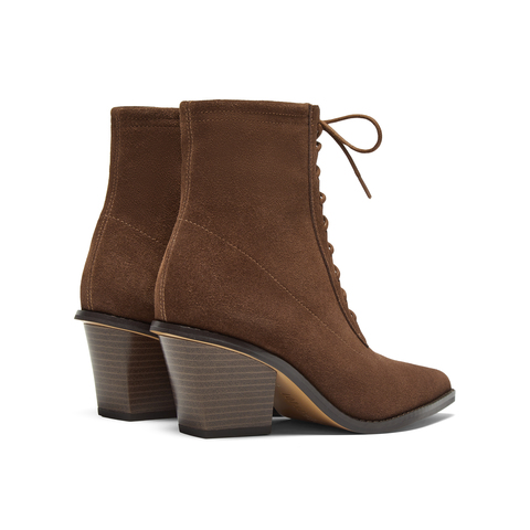 真美诗2025冬季新款牛绒皮面优雅绑带尖头粗跟西部靴女YZG11DD5