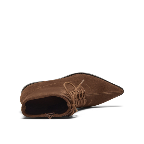 真美诗2025冬季新款牛绒皮面优雅绑带尖头粗跟西部靴女YZG11DD5