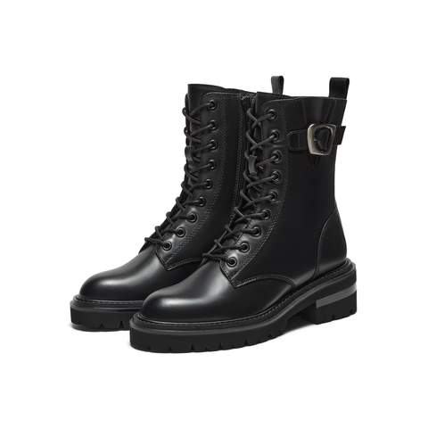 真美诗2025年冬季新款帅气干练金属饰扣牛皮革马丁靴YPU37DZ5