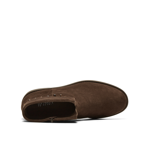 真美诗2025年冬季新款翻领V口复古知性羊皮革纯色时装靴YZK16DD5