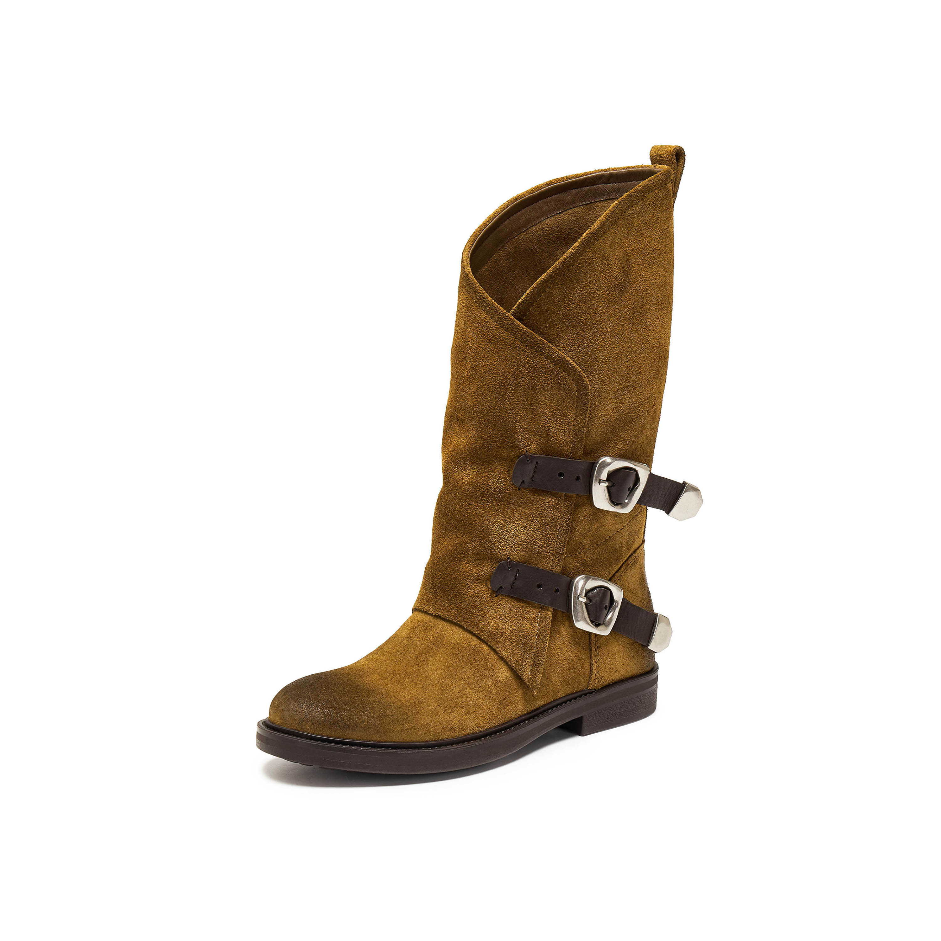 真美诗2025年冬季新款飒气直率双皮带饰扣牛皮西部靴2B01ADG5