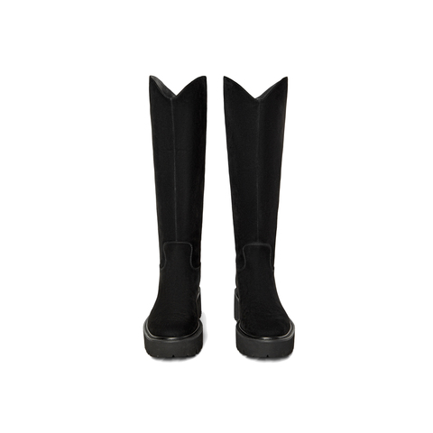 真美诗2025年冬季新款干净利落V口设计羊皮革纯色骑士靴25699DG5