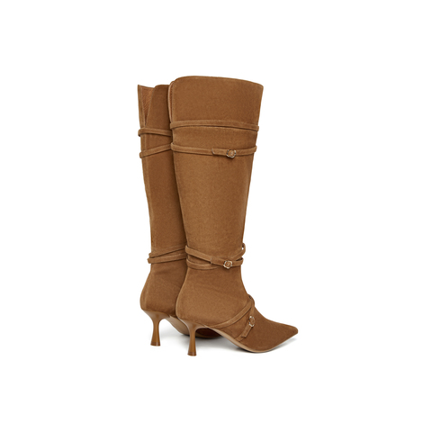 真美诗2025年冬季新款贵气感金属小扣羊皮革尖头高跟靴61651DC5