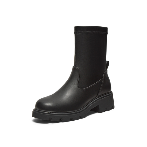 真美诗2025年冬季新款复古知性时髦百搭纯色弹力靴1783ADZ5