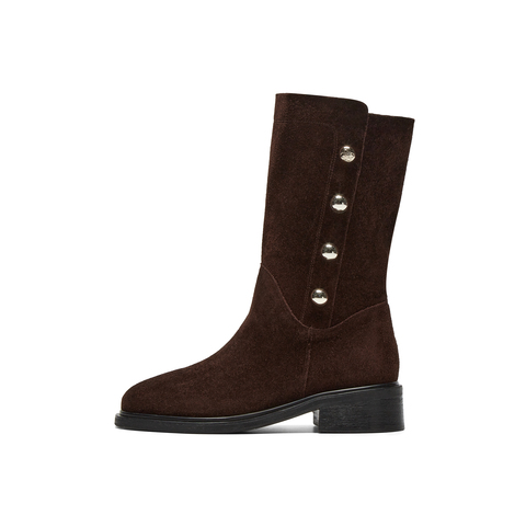 真美诗2025年冬季新款时髦帅气金属钉珠牛皮革气质时装靴R7106DS5