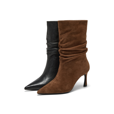 真美诗2025年冬季新款慵懒随性细高跟羊皮革直筒时装靴698A1DZ5