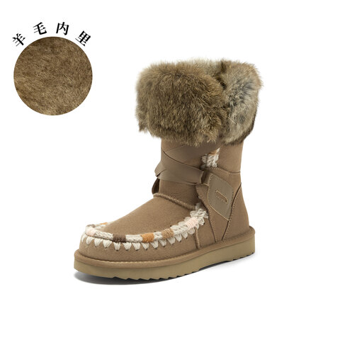 真美诗2025年冬季新款别致时髦撞色手工毛线绒绒雪地靴50561DS5
