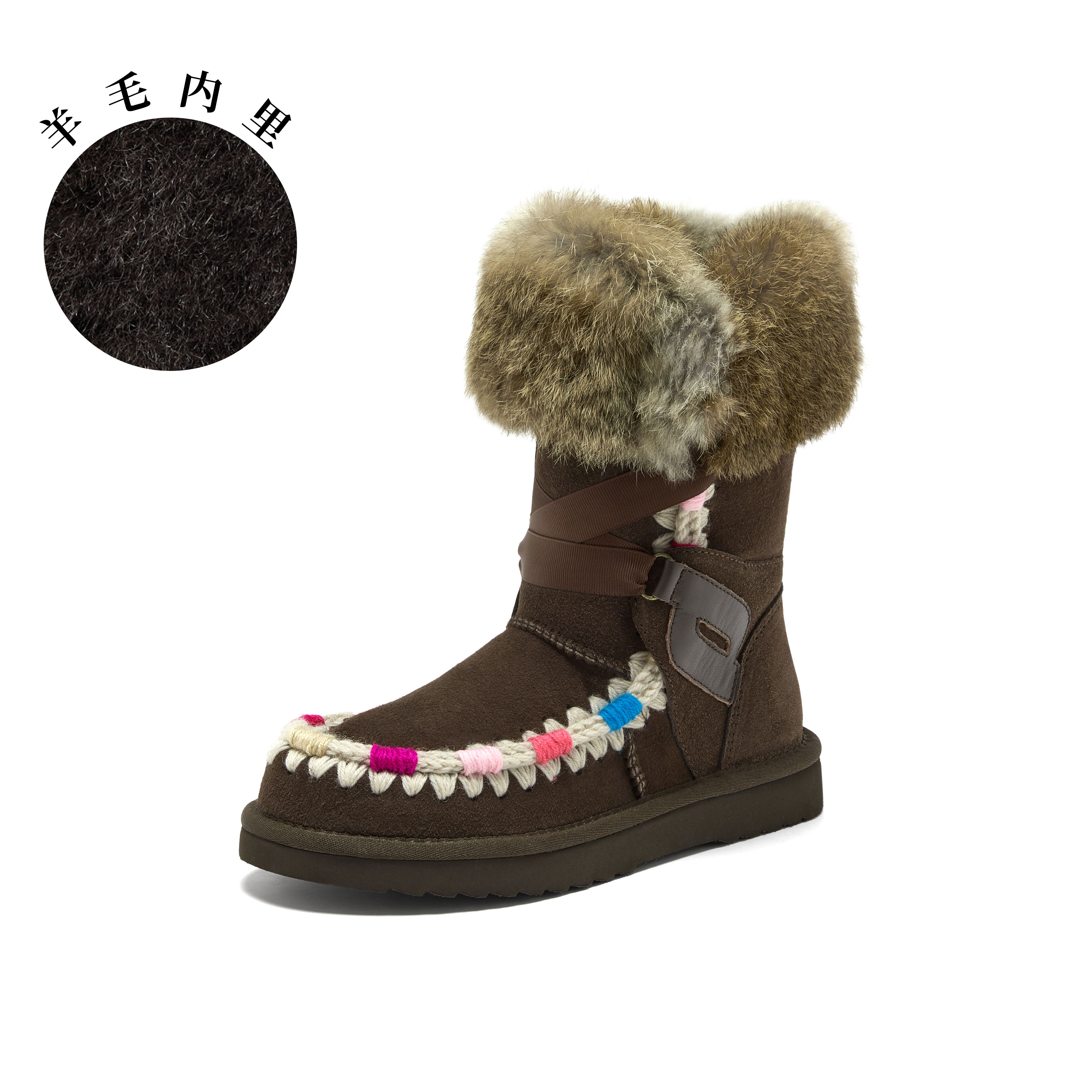 真美诗2025年冬季新款别致时髦撞色手工毛线绒绒雪地靴50561DS5