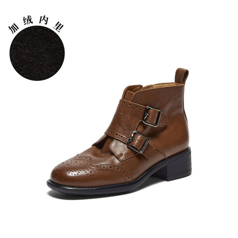 真美诗2025年冬季新款软糯舒适牛皮革布洛克时装靴97101DD5