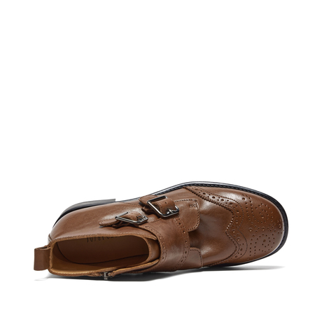 真美诗2025年冬季新款软糯舒适牛皮革布洛克时装靴97101DD5