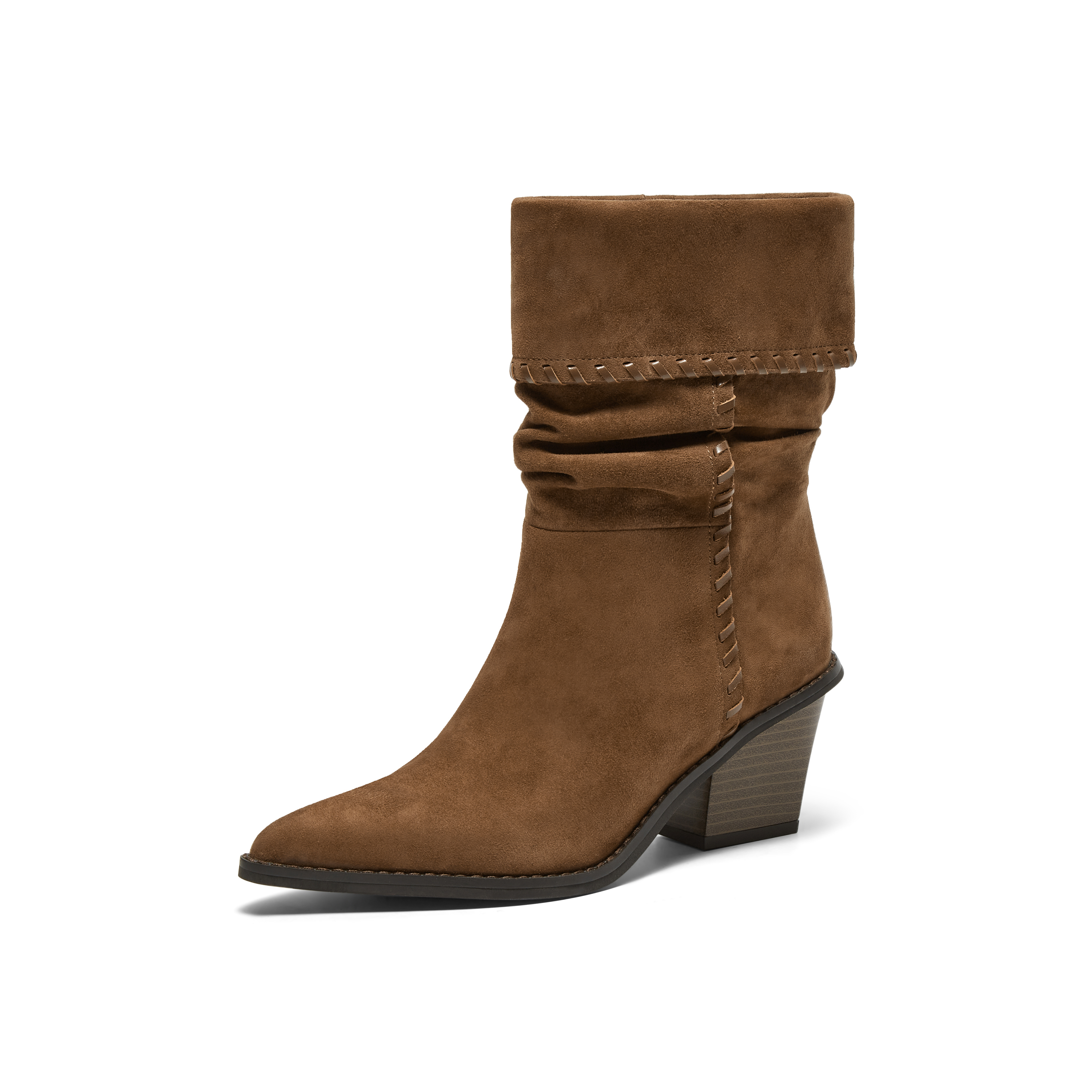 真美诗2025年冬季新款自由松弛飒爽翻领羊皮革堆堆西部靴YZG24DZ5