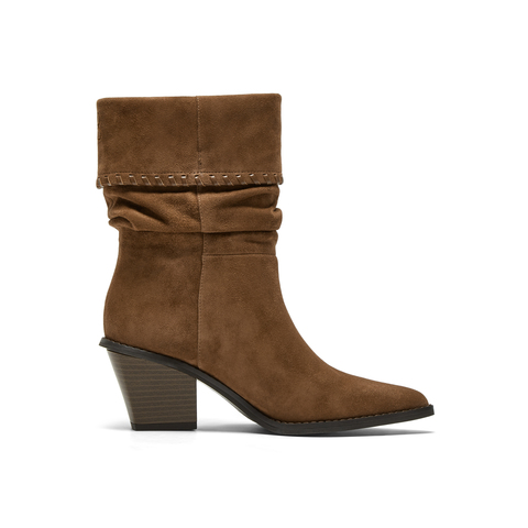 真美诗2025年冬季新款自由松弛飒爽翻领羊皮革堆堆西部靴YZG24DZ5