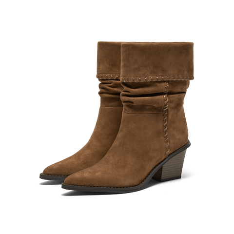 真美诗2025年冬季新款自由松弛飒爽翻领羊皮革堆堆西部靴YZG24DZ5