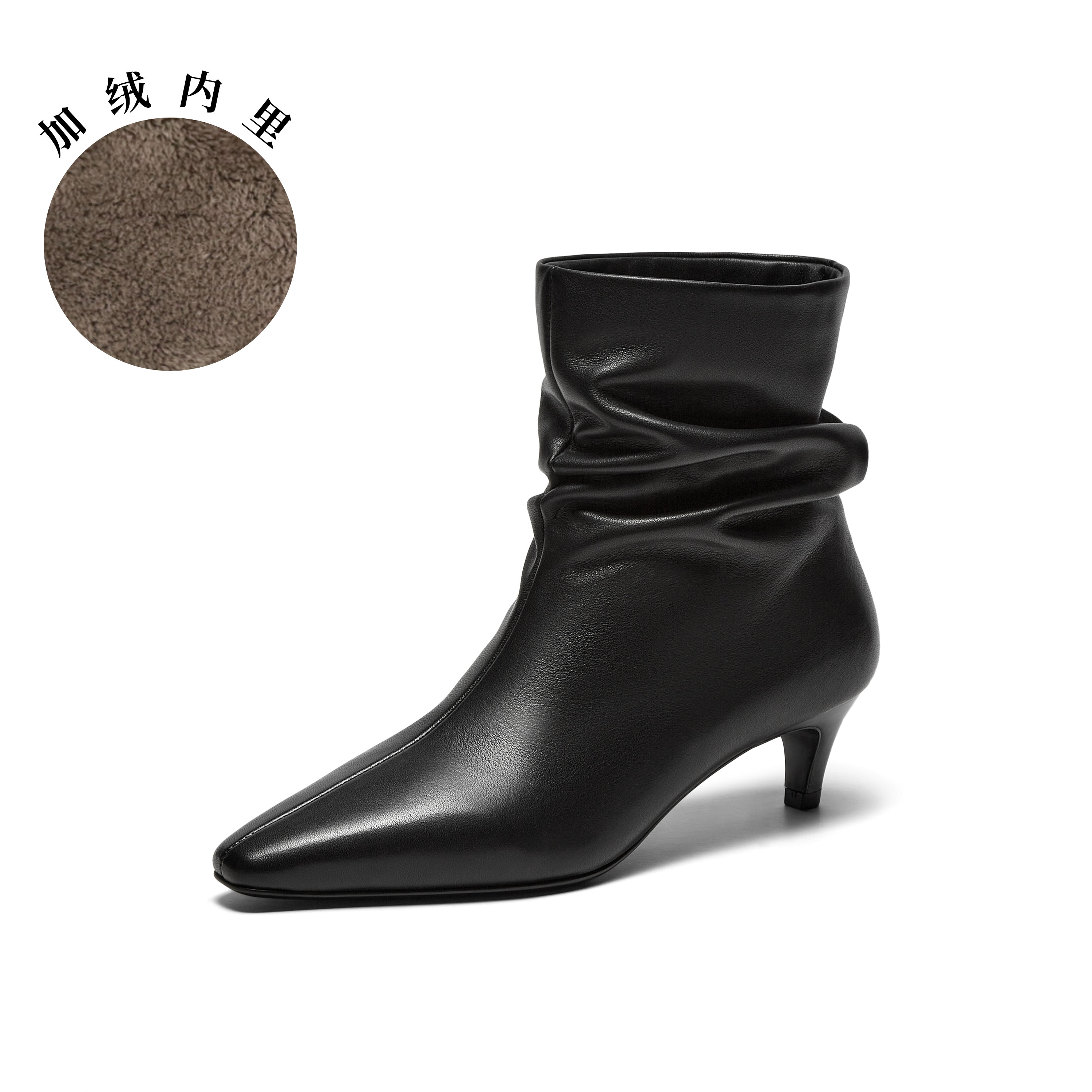 真美诗2025年冬季新款自然堆褶随性潇洒牛皮革尖头时装靴26683DZ5