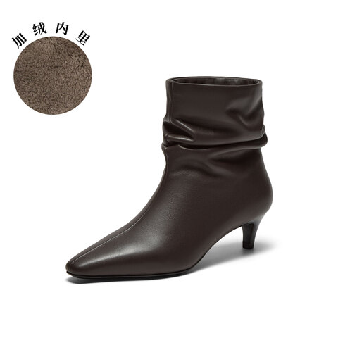 真美诗2025年冬季新款自然堆褶随性潇洒牛皮革尖头时装靴26683DZ5