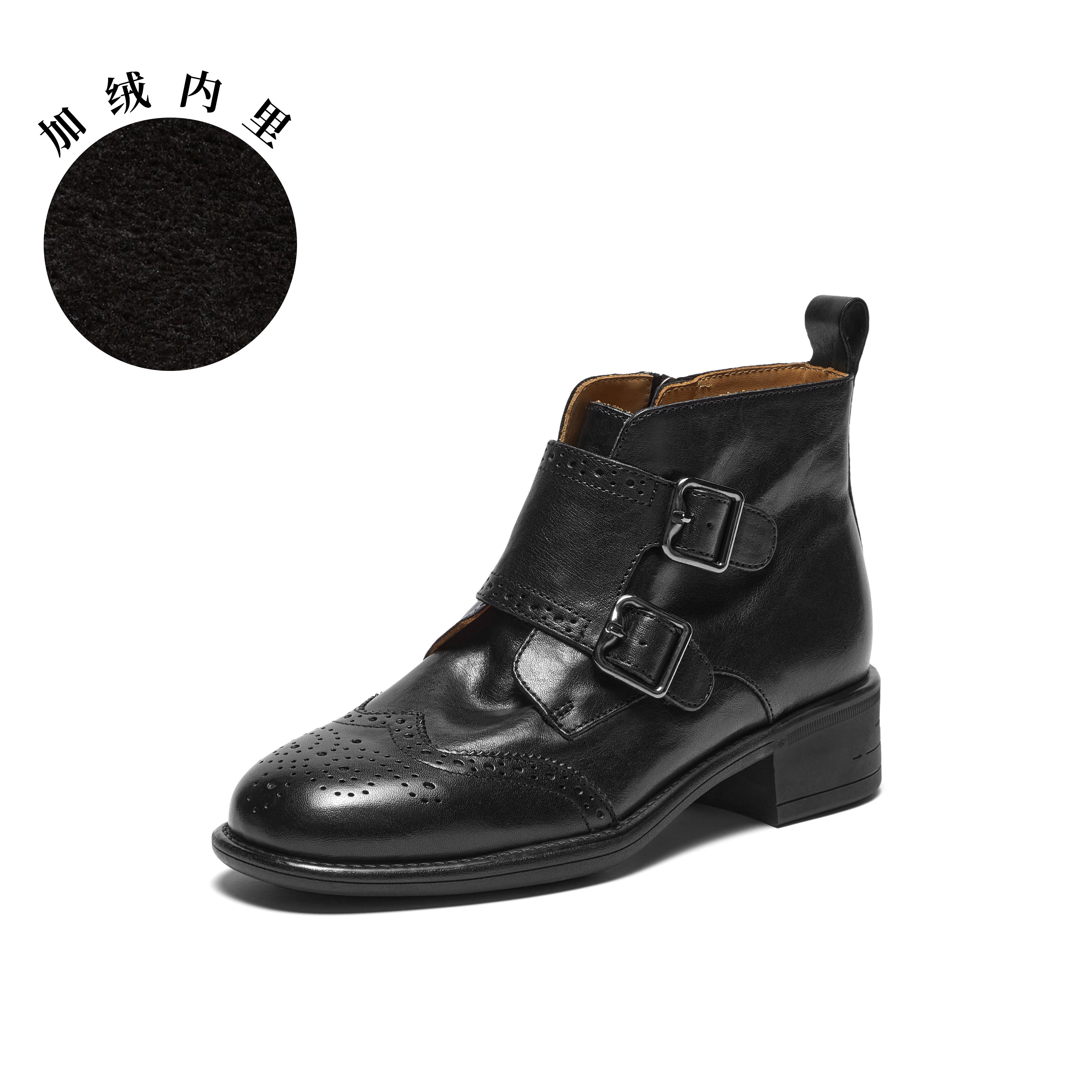 真美诗2025年冬季新款软糯舒适牛皮革布洛克时装靴97101DD5