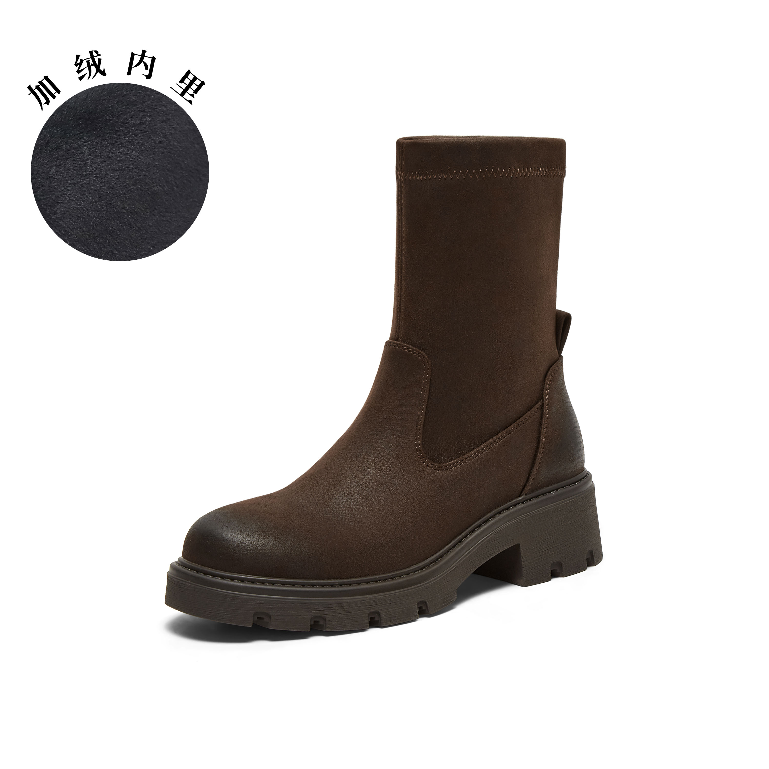 真美诗2025年冬季新款复古知性时髦百搭纯色弹力靴1783ADZ5