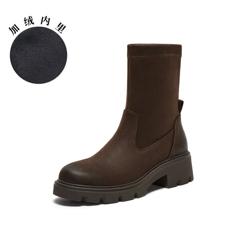 真美诗2025年冬季新款复古知性时髦百搭纯色弹力靴1783ADZ5