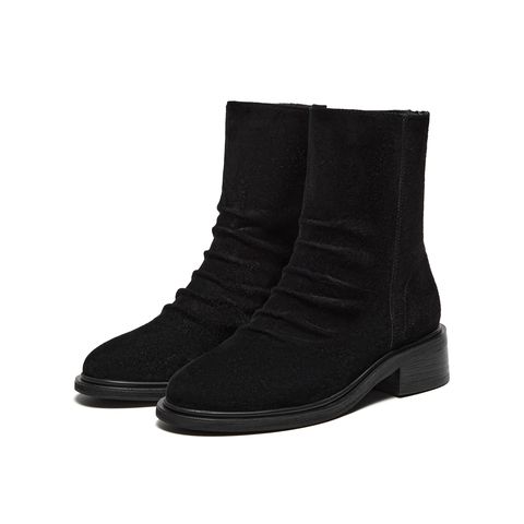 真美诗2025年冬季新款软糯松弛堆褶牛皮革纯色时装靴R71B1DZ5