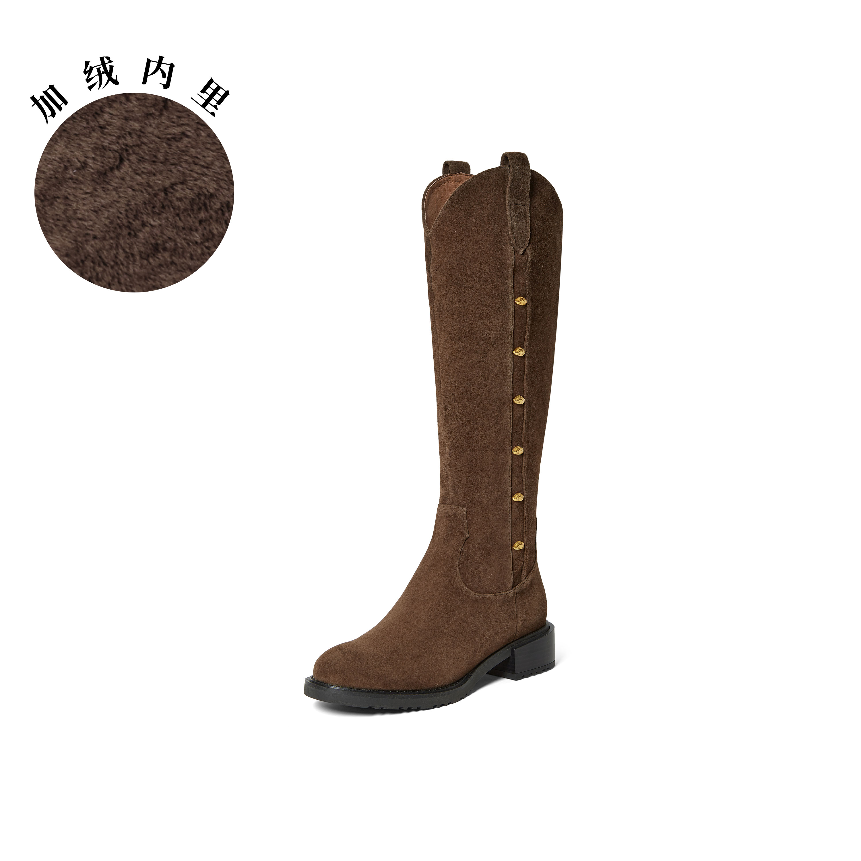 真美诗2025年冬季新款精致金属小扣显瘦V口骑士靴YUJ63DG5