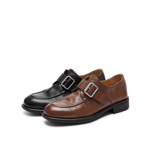 真美诗2026春季新款水洗牛皮质感小方扣乐福鞋女61913AM6