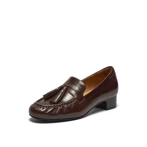 真美诗2026年春季新款微褶鞋头羊皮革古典英伦流苏乐福鞋83067AA6