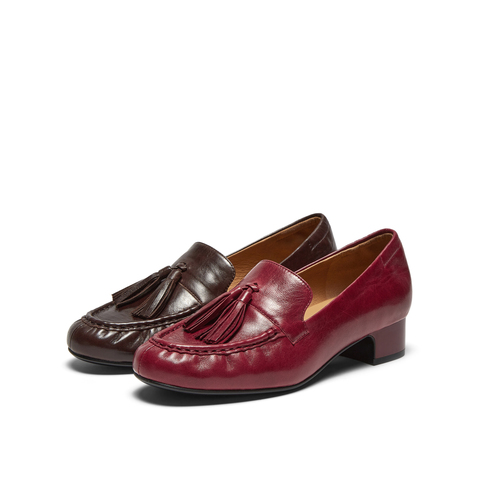 真美诗2026年春季新款微褶鞋头羊皮革古典英伦流苏乐福鞋83067AA6