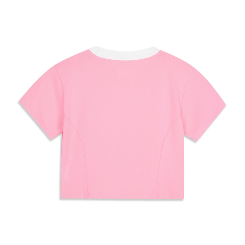 LI-NING李宁2025女子短袖文化衫针织无领短TAHSV638-1