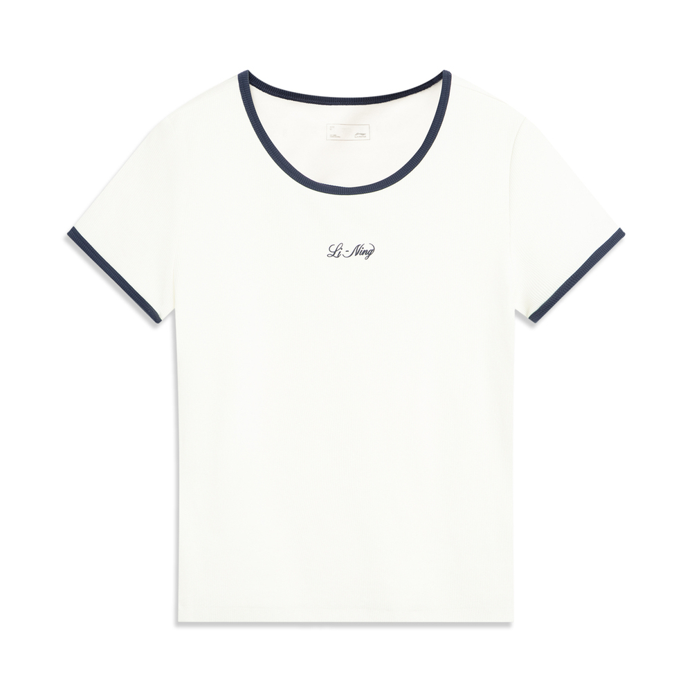 LI-NING李宁2025女子短袖文化衫针织无领短TAHSV466-4