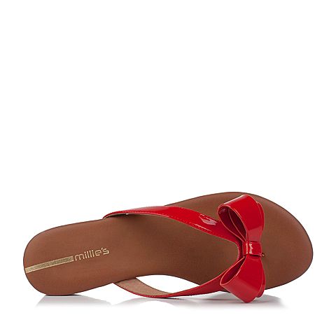 millie's/妙丽夏季新款牛皮蝴蝶结夹趾平底女凉拖鞋LLR53BT7