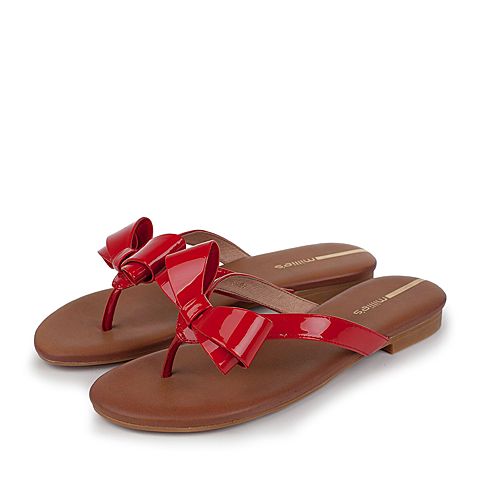 millie's/妙丽夏季新款牛皮蝴蝶结夹趾平底女凉拖鞋LLR53BT7