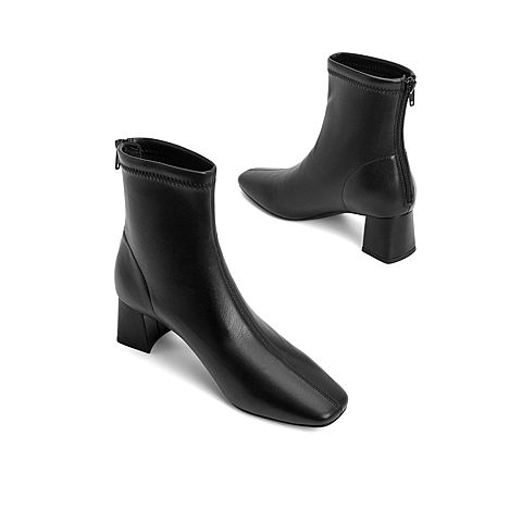 15mins简约时装靴女2021秋新商场同款素面粗跟短皮鞋UI715CD1