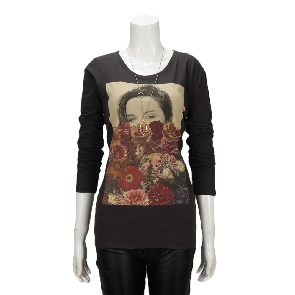 MOUSSY 专柜同款 女款黑灰色美女印花长袖T恤0106SH90-1420